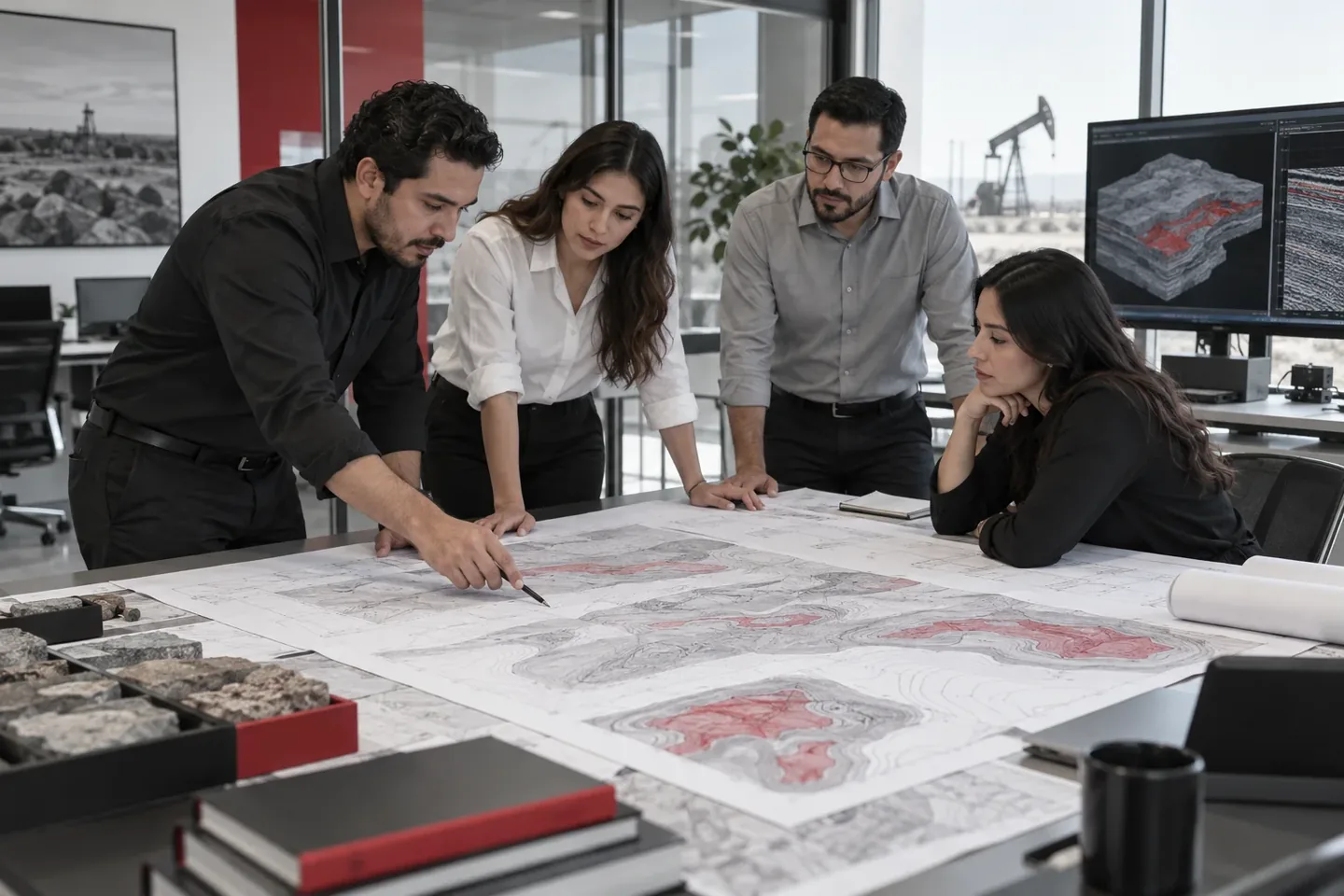 Equipo de ingeniería revisando información del yacimiento