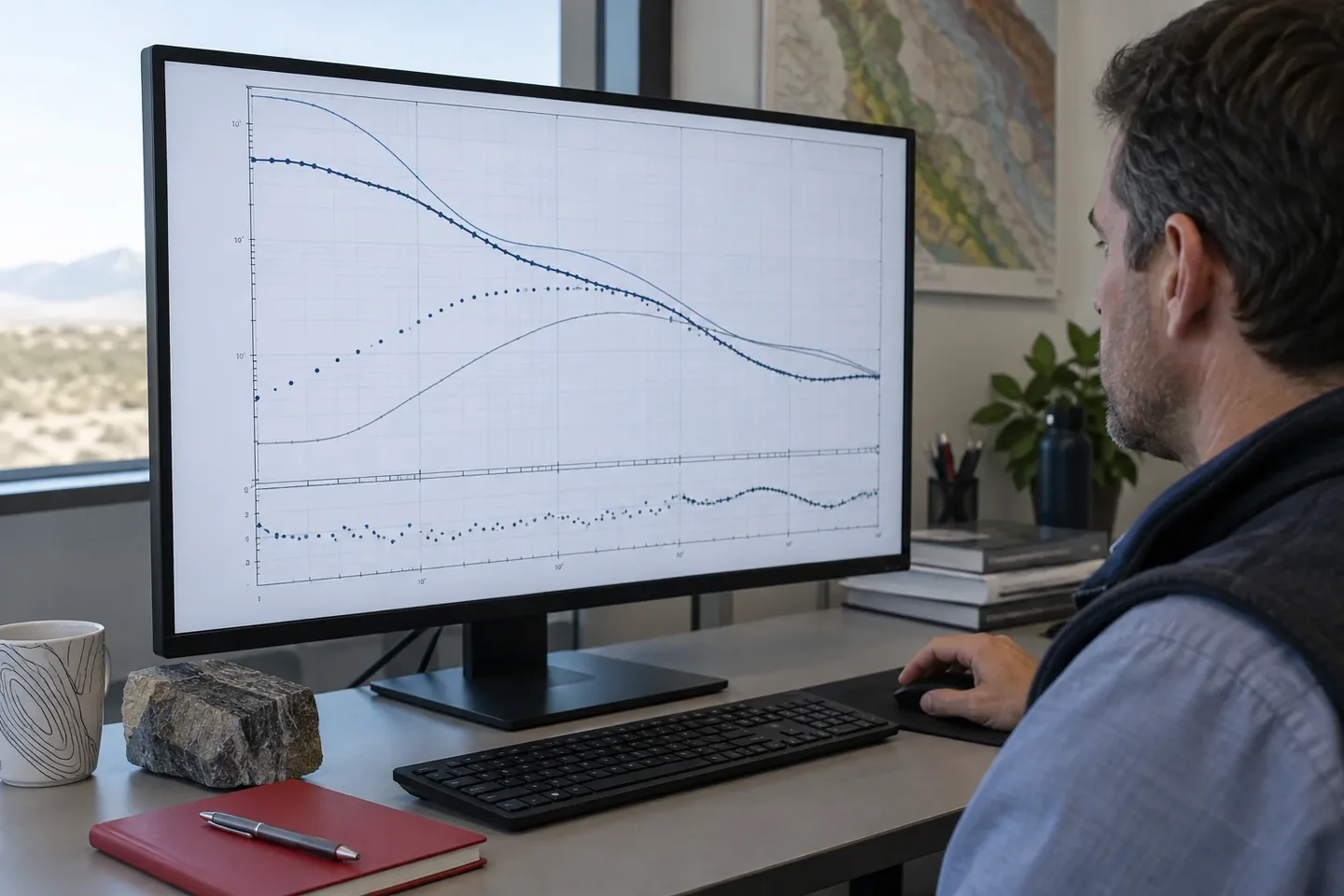 Ingeniero analizando curvas y datos en software especializado
